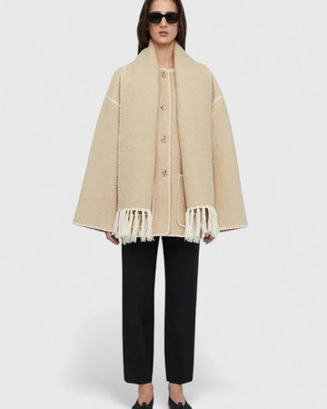 Women's wool button-front stand collar winter jacket with contrast piping - Black