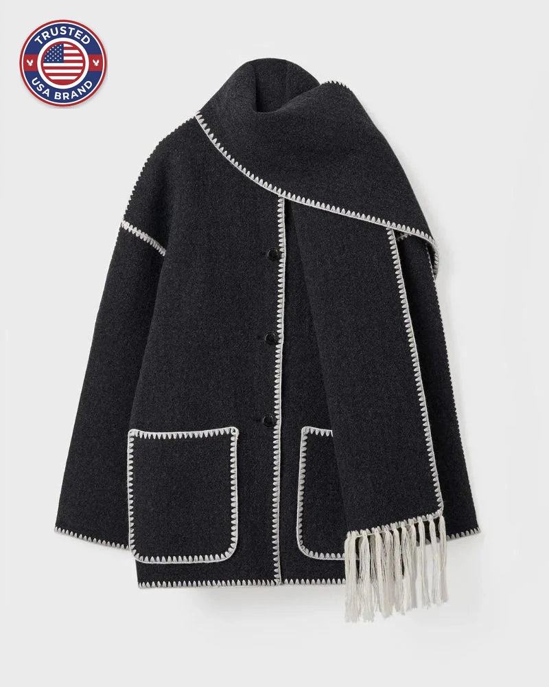 Women's wool button-front stand collar winter jacket with contrast piping - Black