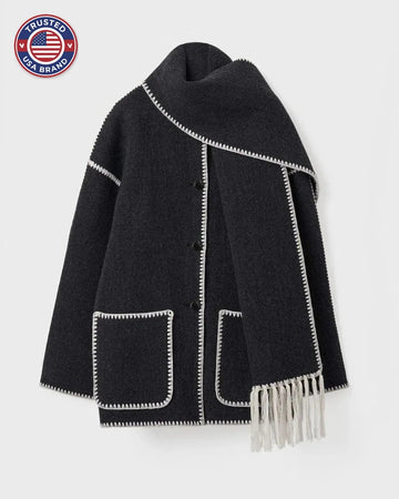 Women's wool button-front stand collar winter jacket with contrast piping - Black