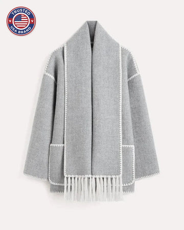 Women's wool button-front stand collar winter jacket with contrast piping - Black
