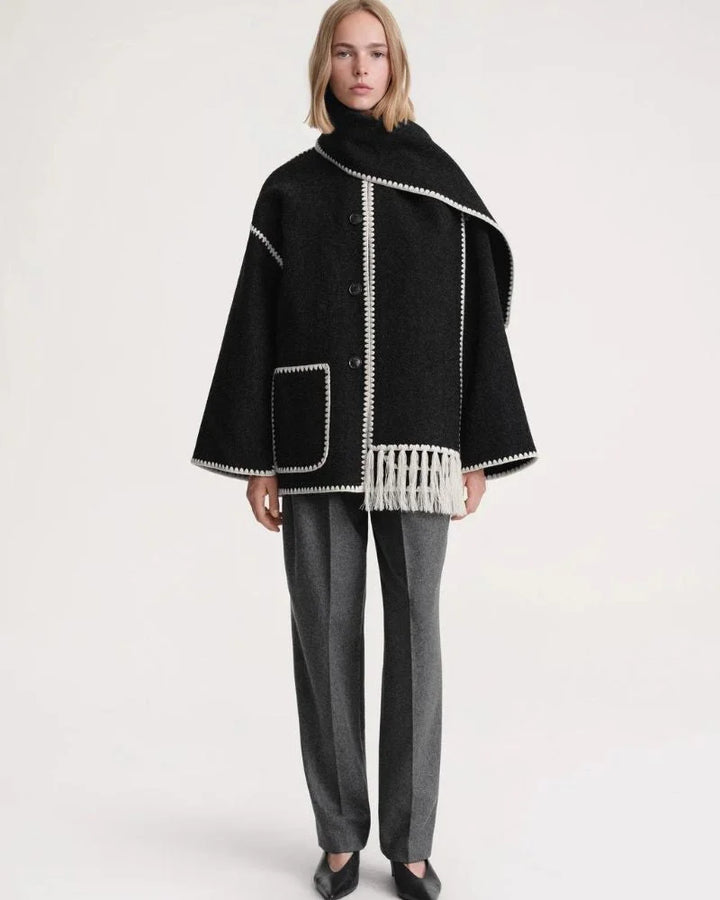 Women's wool button-front stand collar winter jacket with contrast piping - Black