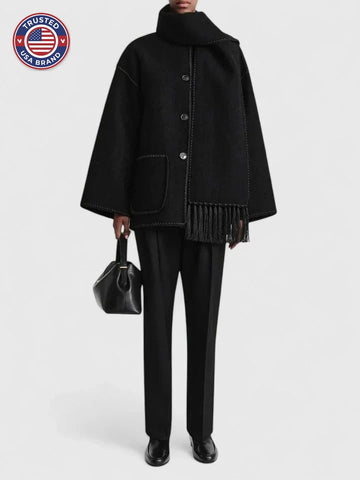 Women's wool button-front stand collar winter jacket with contrast piping - Black