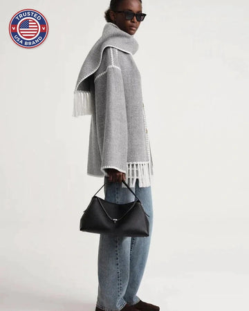 Women's wool button-front stand collar winter jacket with contrast piping - Black