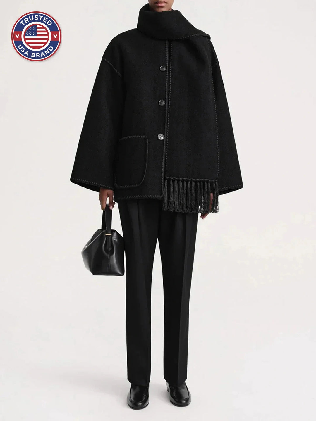 Women's wool button-front stand collar winter jacket with contrast piping - Black