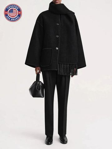 Women's wool button-front stand collar winter jacket with contrast piping - Black