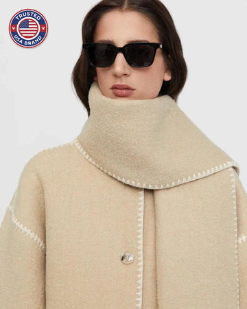 Women's wool button-front stand collar winter jacket with contrast piping - Black