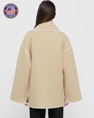 Women's wool button-front stand collar winter jacket with contrast piping - Black