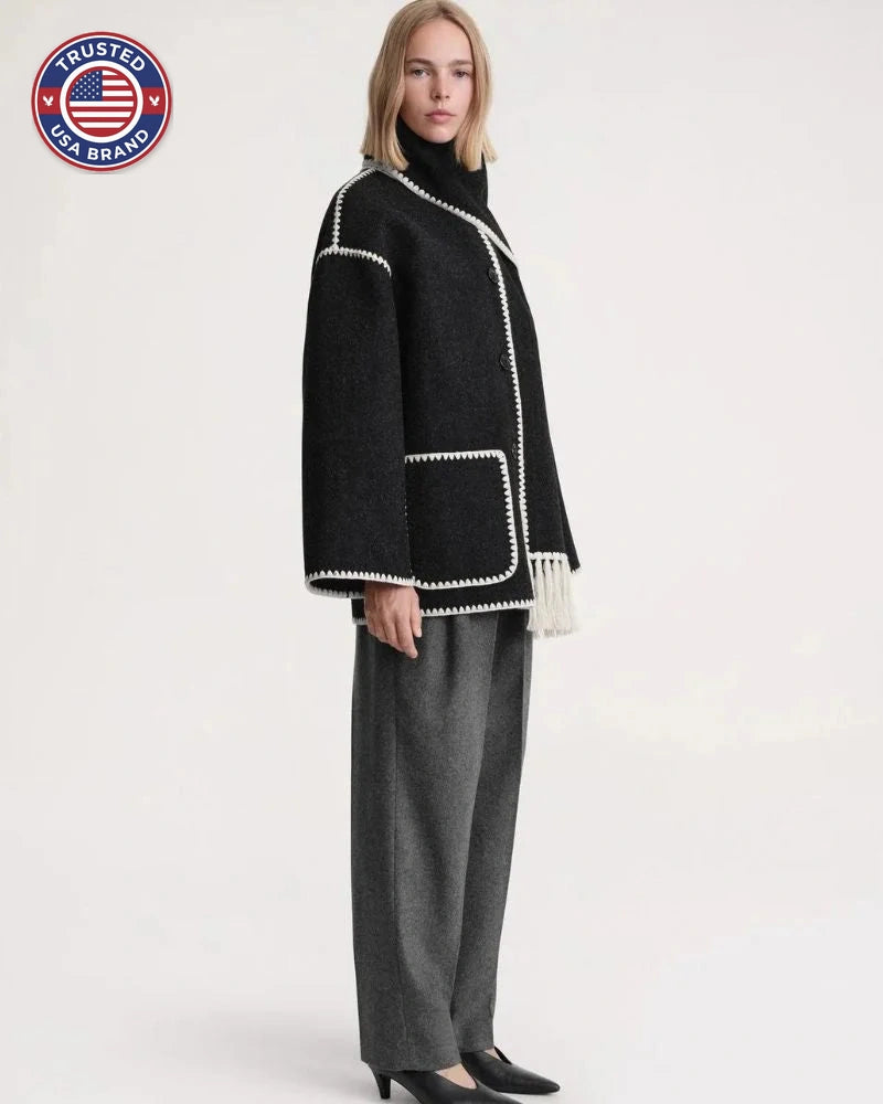 Women's wool button-front stand collar winter jacket with contrast piping - Black