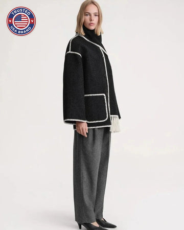 Women's wool button-front stand collar winter jacket with contrast piping - Black