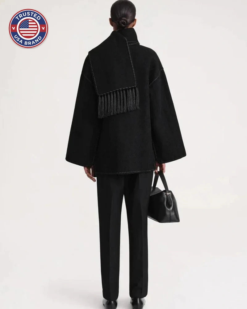 Women's wool button-front stand collar winter jacket with contrast piping - Black