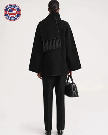 Women's wool button-front stand collar winter jacket with contrast piping - Black