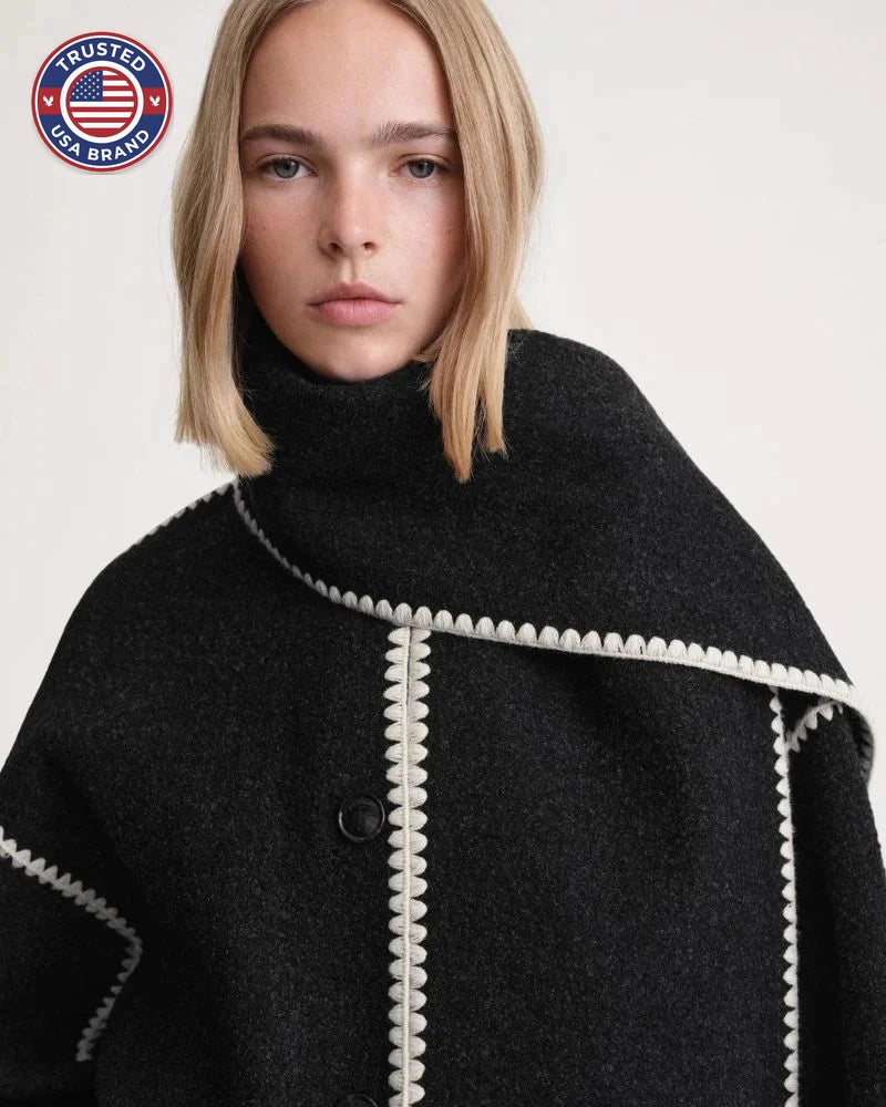 Women's wool button-front stand collar winter jacket with contrast piping - Black