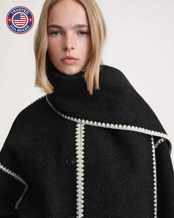 Women's wool button-front stand collar winter jacket with contrast piping - Black