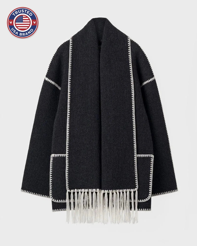 Women's wool button-front stand collar winter jacket with contrast piping - Black