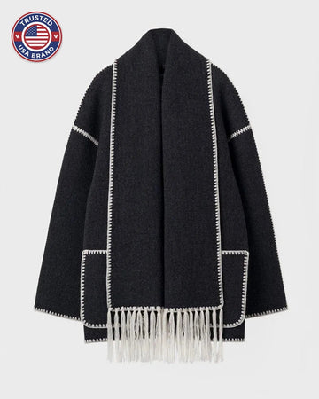 Women's wool button-front stand collar winter jacket with contrast piping - Black