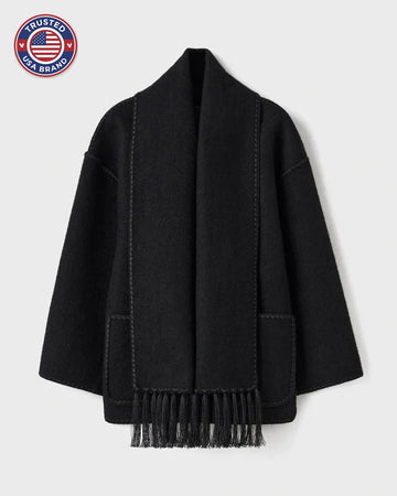 Women's wool button-front stand collar winter jacket with contrast piping - Black