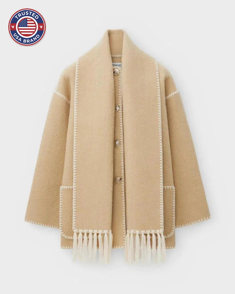 Women's wool button-front stand collar winter jacket with contrast piping - Black