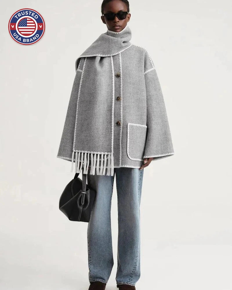 Women's wool button-front stand collar winter jacket with contrast piping - Black