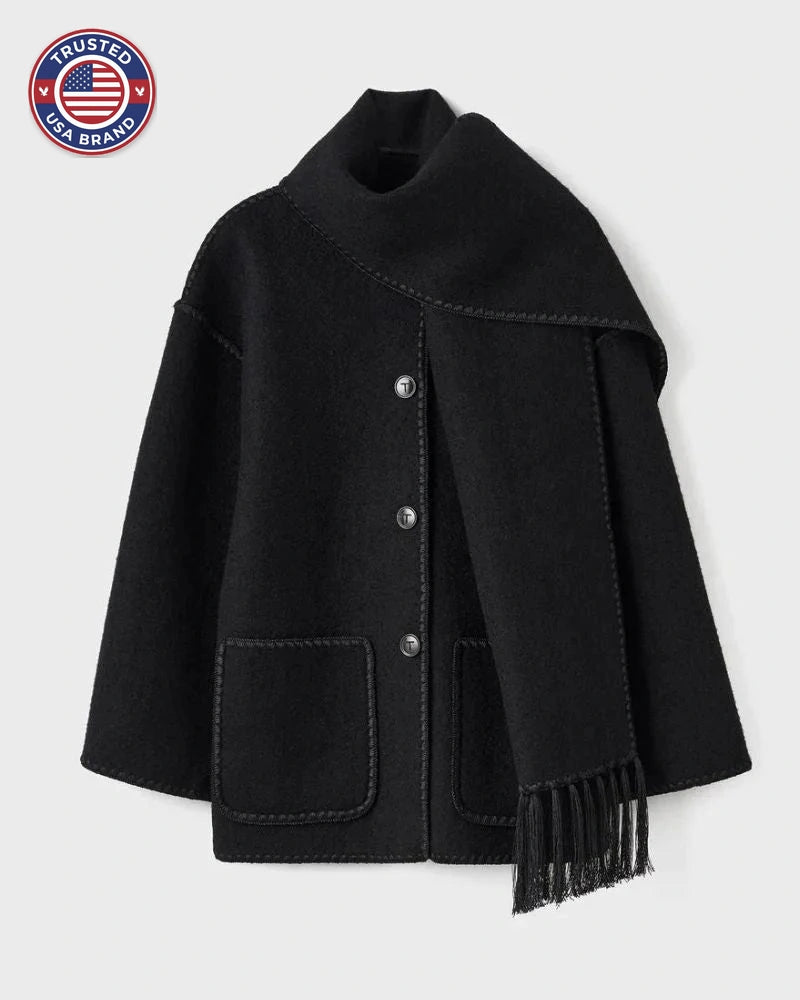 Women's wool button-front stand collar winter jacket with contrast piping - Black