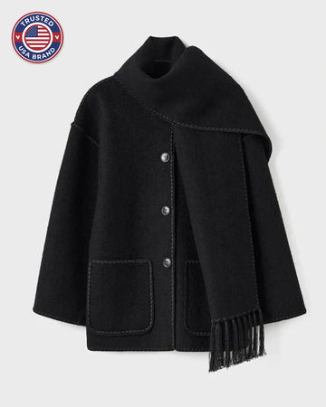 Women's wool button-front stand collar winter jacket with contrast piping - Black
