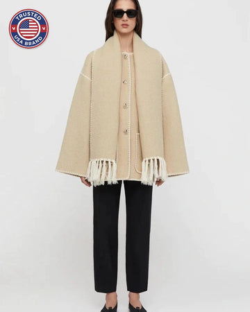Women's wool button-front stand collar winter jacket with contrast piping - Black