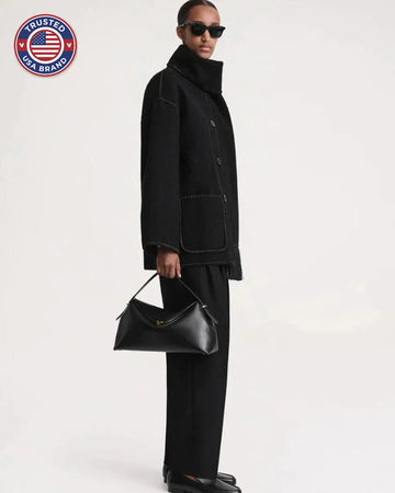 Women's wool button-front stand collar winter jacket with contrast piping - Black