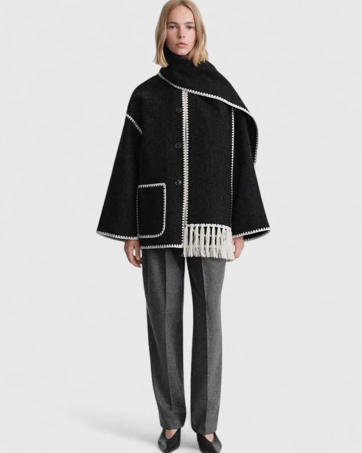 Women's wool button-front stand collar winter jacket with contrast piping - Black