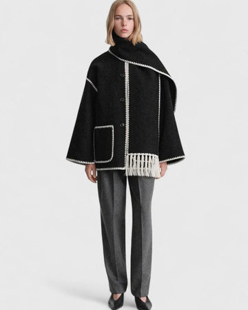 Women's wool button-front stand collar winter jacket with contrast piping - Black