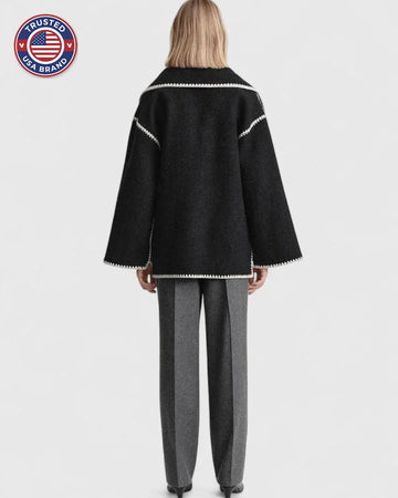 Women's wool button-front stand collar winter jacket with contrast piping - Black