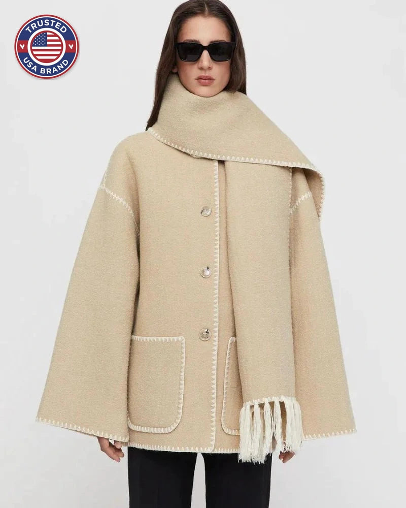 Women's wool button-front stand collar winter jacket with contrast piping - Black