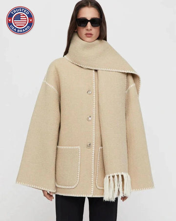 Women's wool button-front stand collar winter jacket with contrast piping - Black