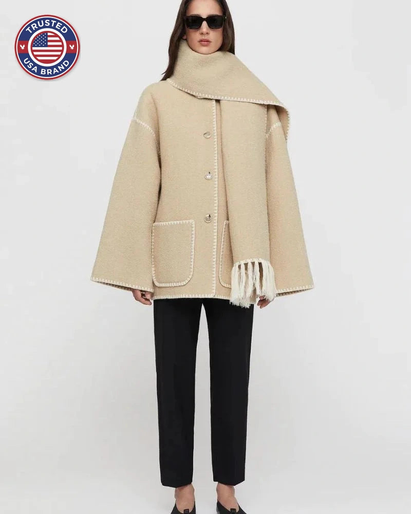 Women's wool button-front stand collar winter jacket with contrast piping - Black
