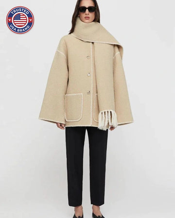 Women's wool button-front stand collar winter jacket with contrast piping - Black