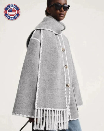Women's wool button-front stand collar winter jacket with contrast piping - Black