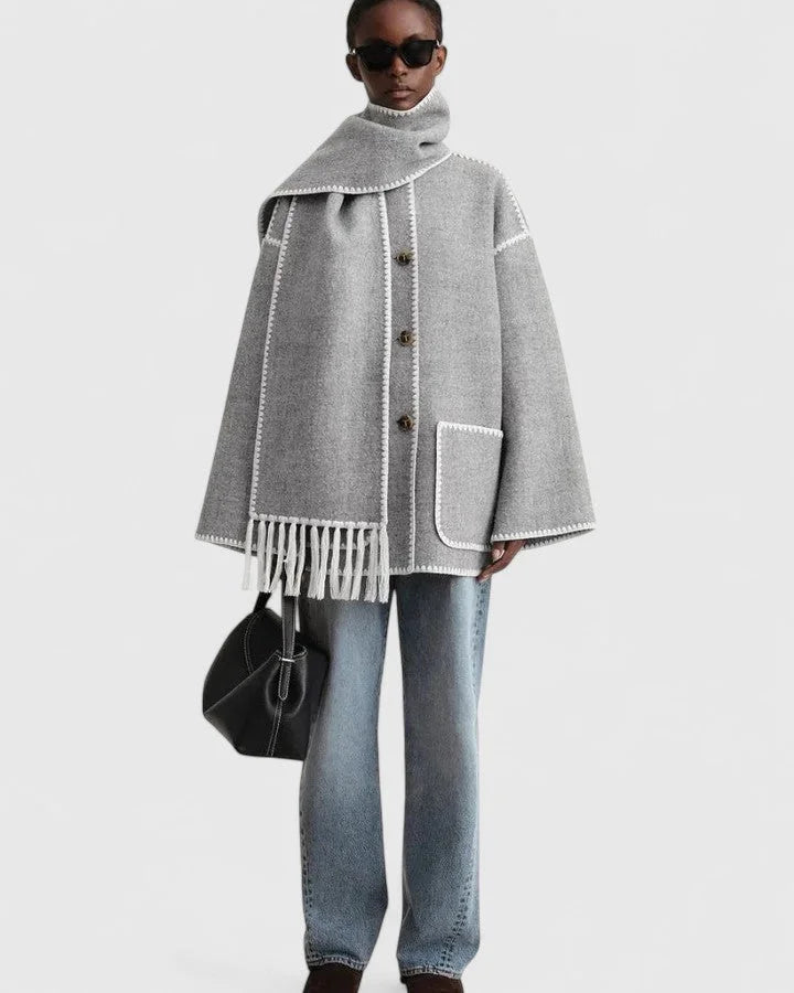 Women's wool button-front stand collar winter jacket with contrast piping - Black