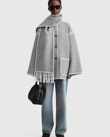 Women's wool button-front stand collar winter jacket with contrast piping - Black