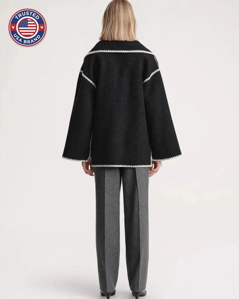 Women's wool button-front stand collar winter jacket with contrast piping - Black