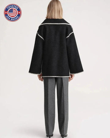 Women's wool button-front stand collar winter jacket with contrast piping - Black