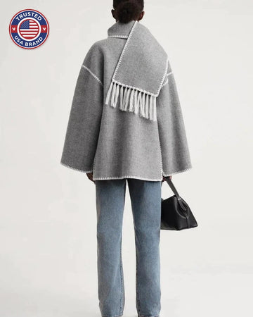 Women's wool button-front stand collar winter jacket with contrast piping - Black