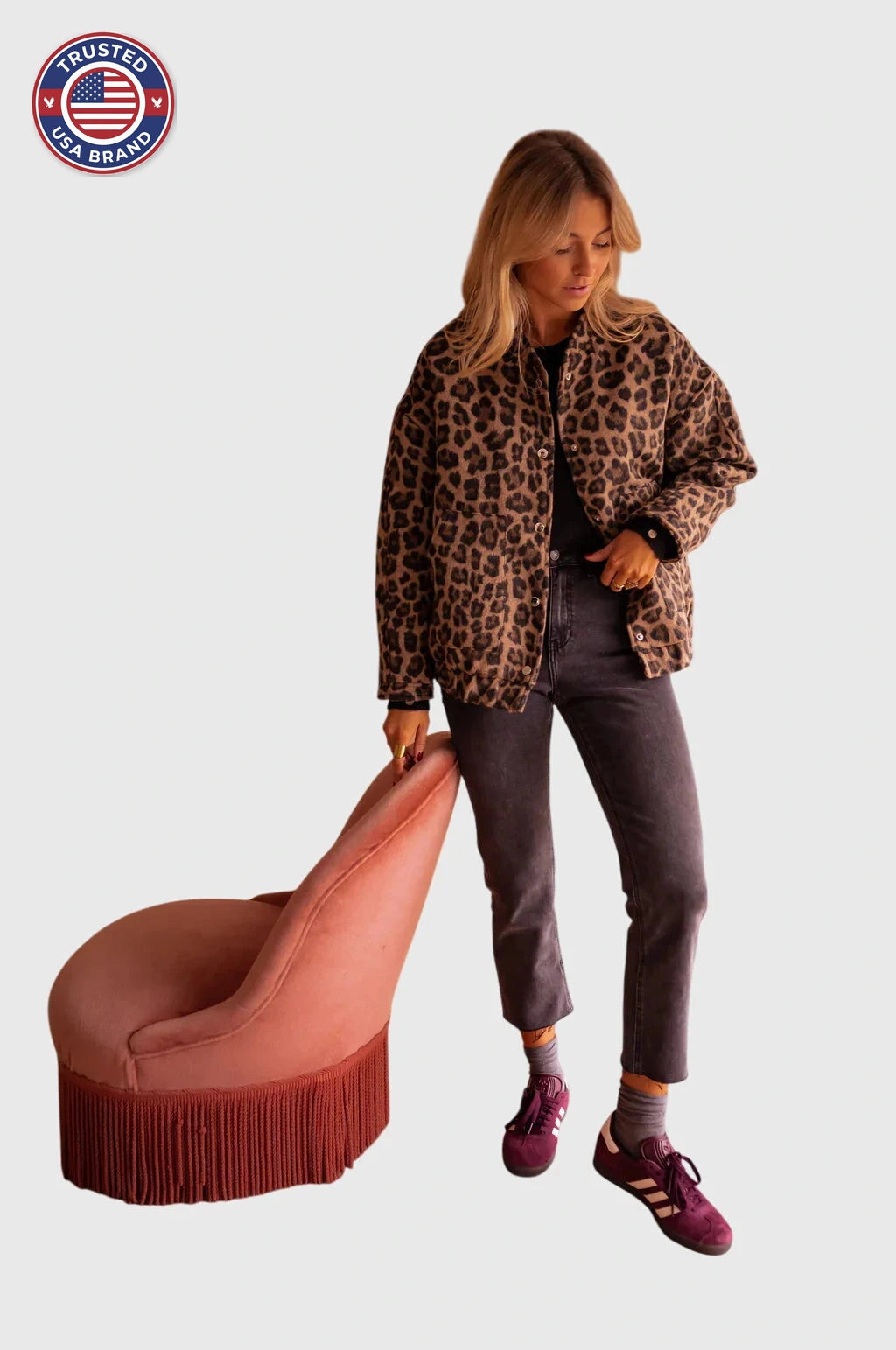 Women's leopard button-front collared winter jacket - Leopard