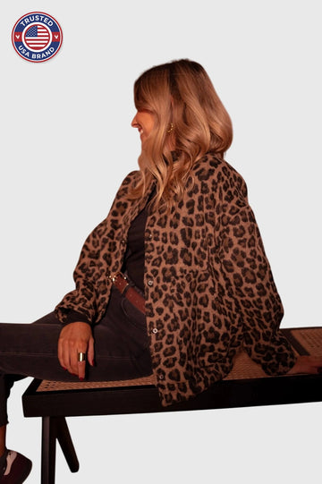 Women's leopard button-front collared winter jacket - Leopard