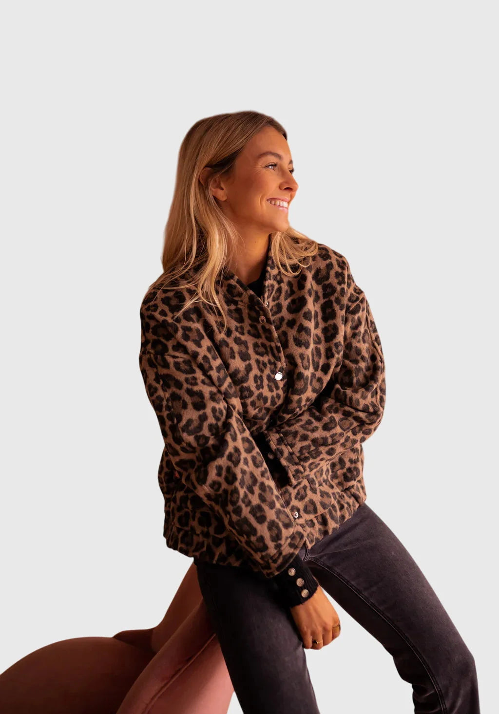 Women's leopard button-front collared winter jacket - Leopard