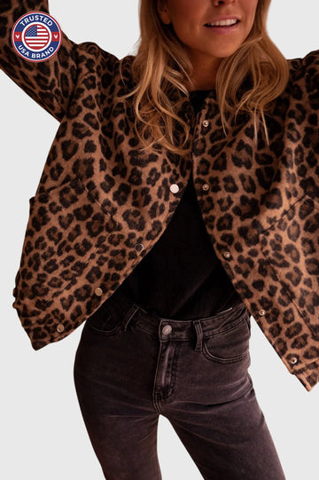 Women's leopard button-front collared winter jacket - Leopard