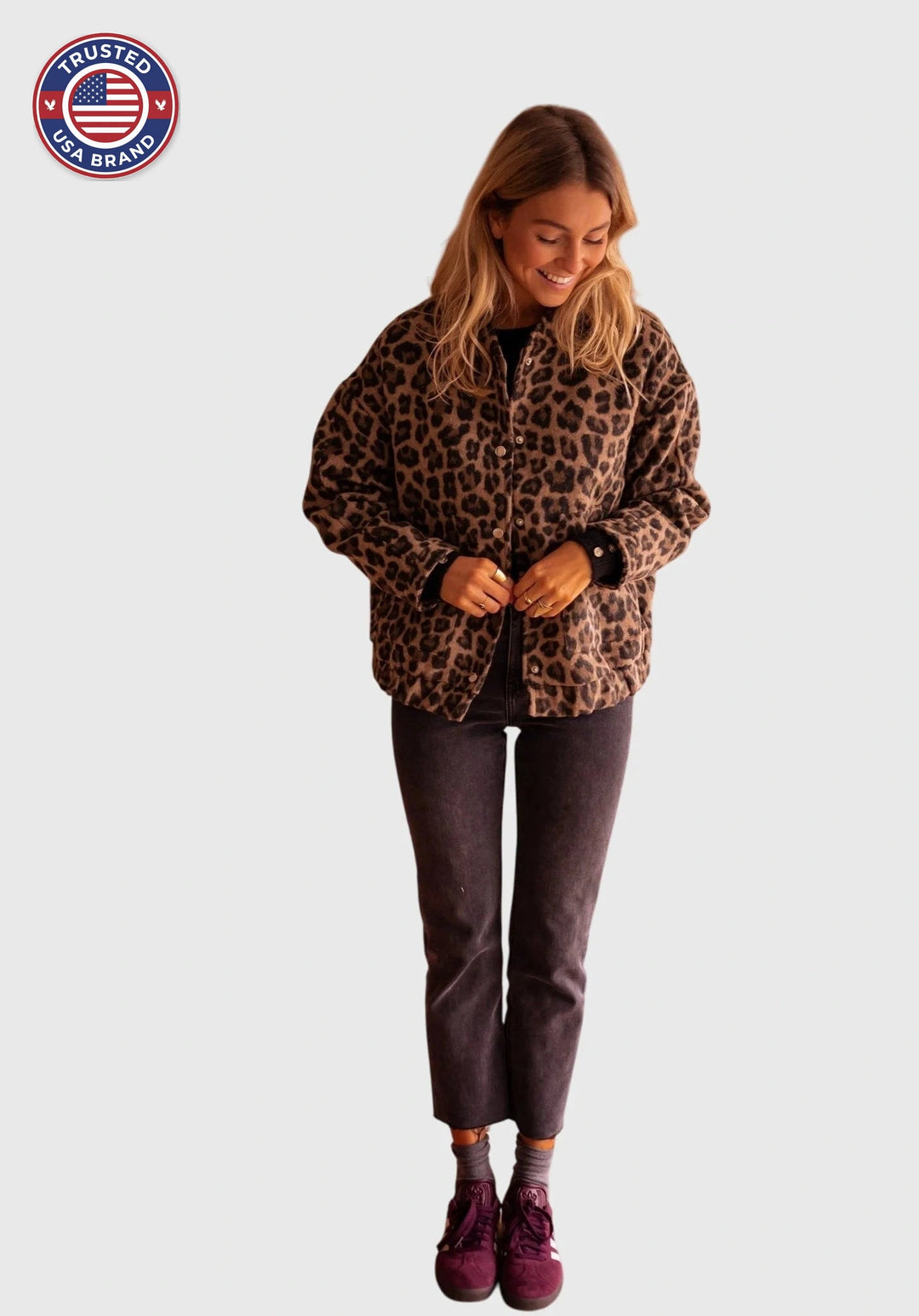 Women's leopard button-front collared winter jacket - Leopard