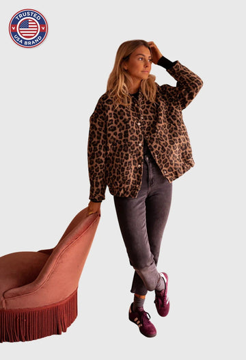 Women's leopard button-front collared winter jacket - Leopard
