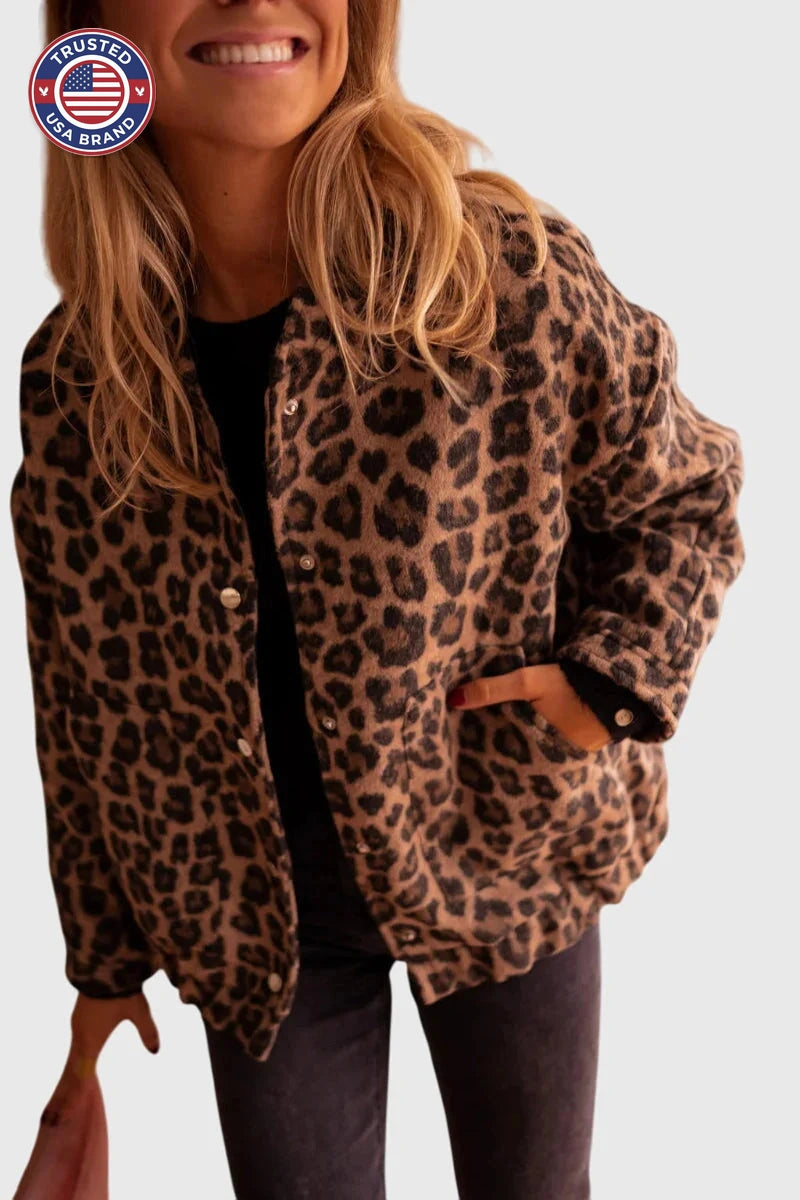 Women's leopard button-front collared winter jacket - Leopard