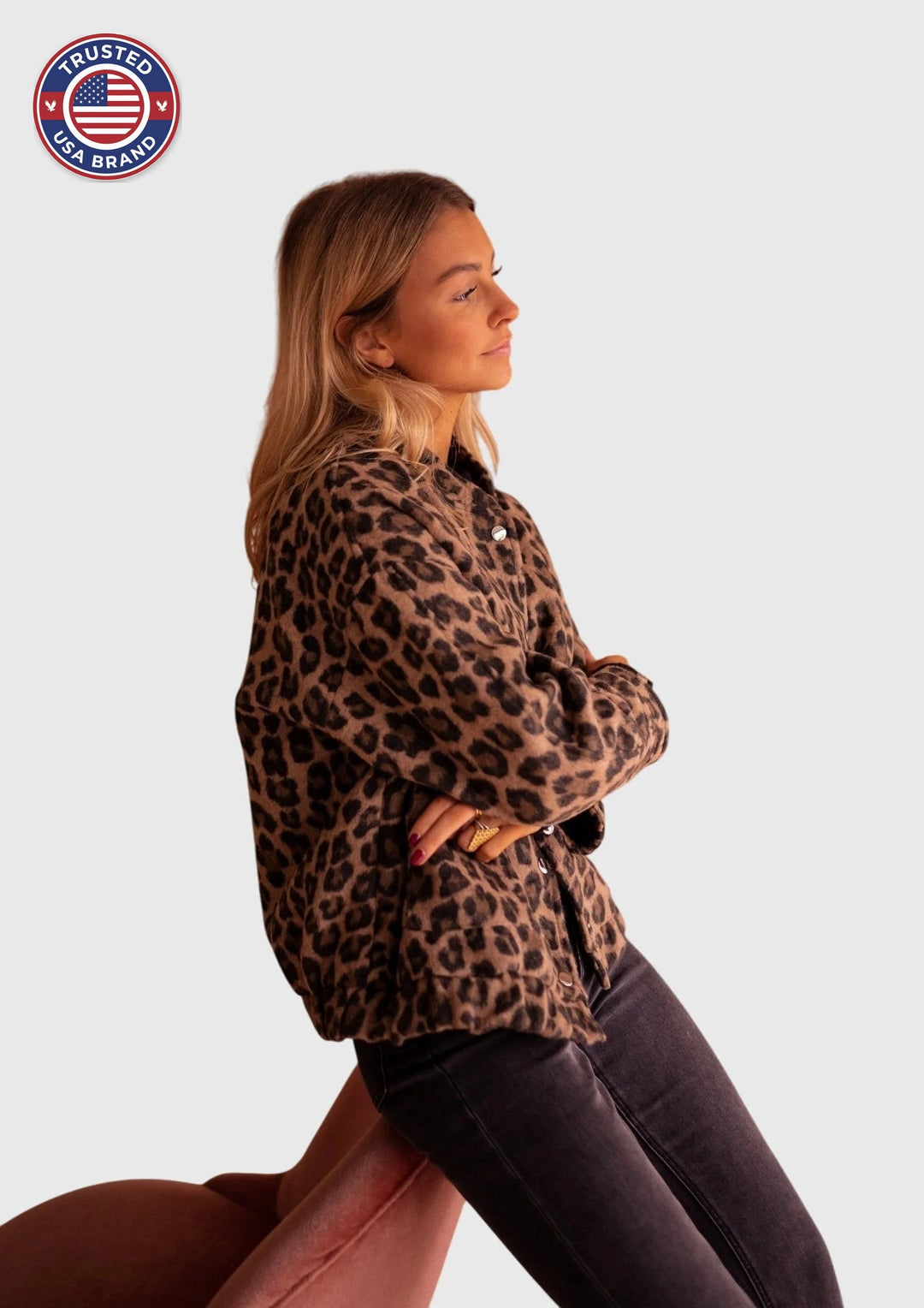 Women's leopard button-front collared winter jacket - Leopard