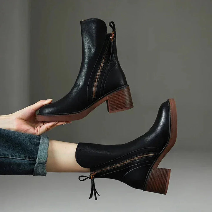 Women's faux leather side zip orthopedic ankle winter boots with tassel pull - Black