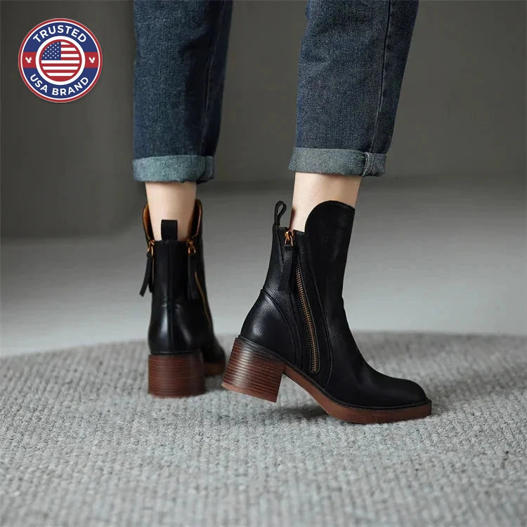 Women's faux leather side zip orthopedic ankle winter boots with tassel pull - Black