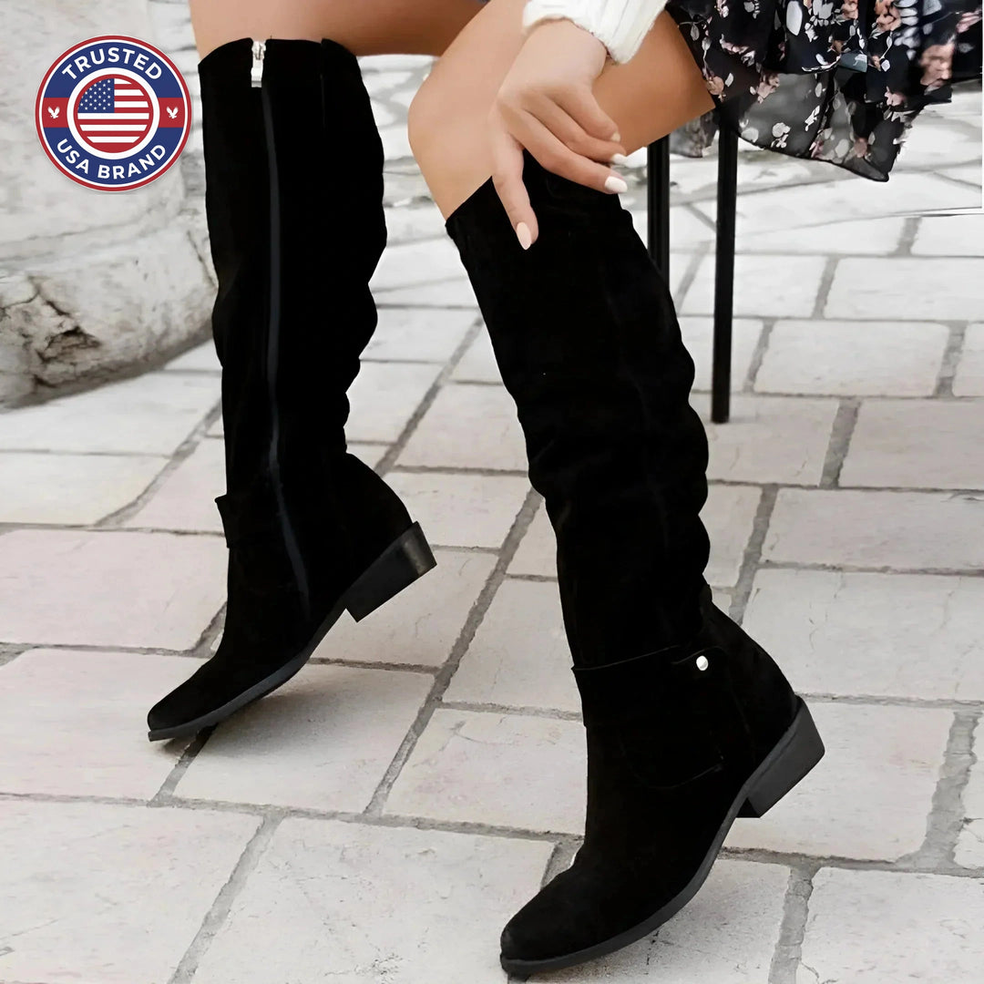 Women's suede side zip knee high winter boots with slouchy shaft and block heel - Beige